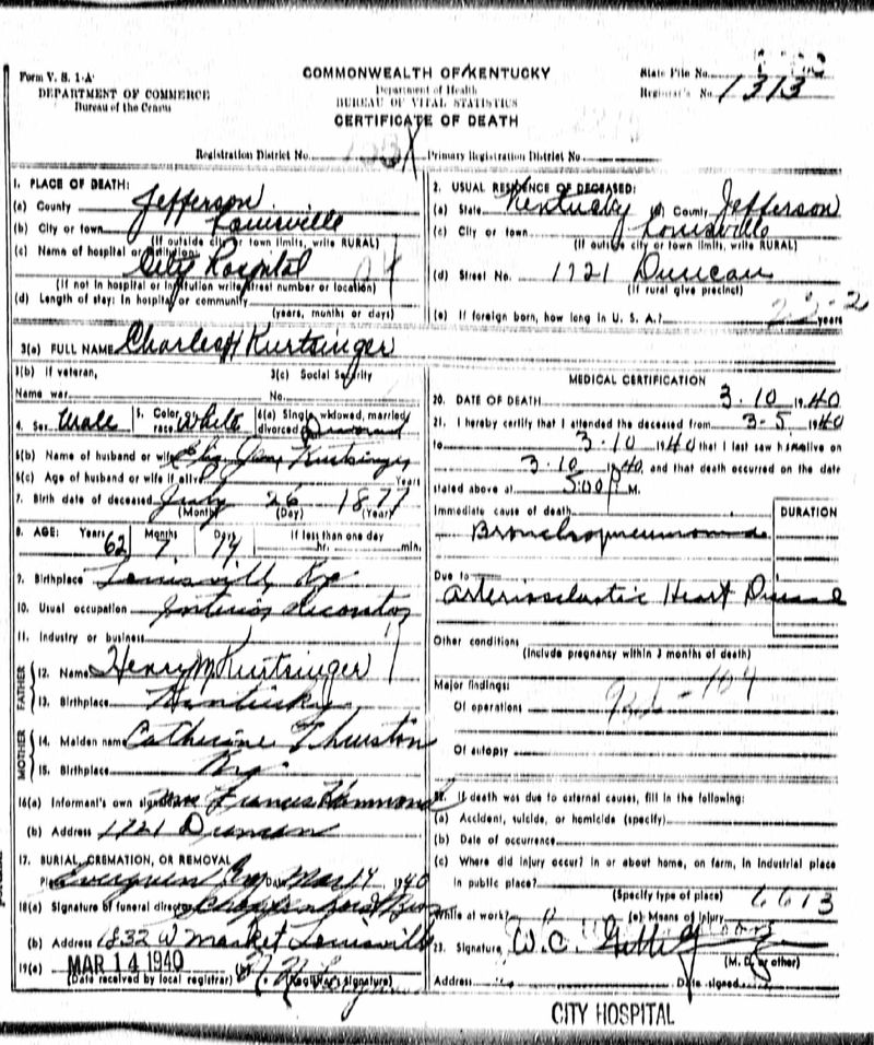 Charles H. Kurtsinger Death Certificate